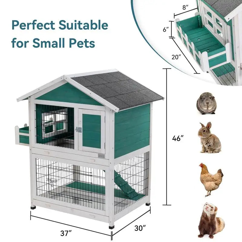 2-Story Rabbit Hutch Indoor Outdoor Bunny Cage with Pull-Out Tray & Waterproof Roof