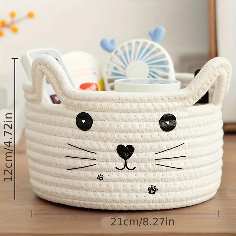Cat Basket Storage Woven Basket Organizer with Ears Decorative Pet Toy Cute Basket Cotton Rope Basket for Gift Cat Dog Toy Bin