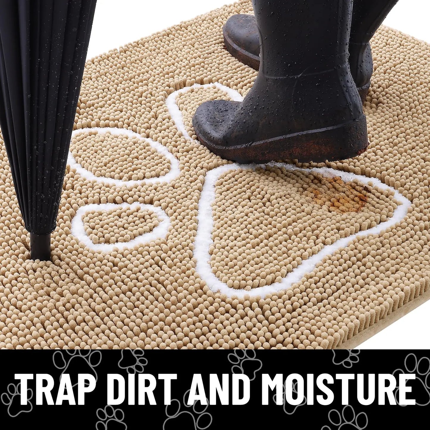 Kitinjoy Ultra Absorbent Chenille Mud Doormat With Paw Print Design Non-Slip Quick-Dry Washable Mats Door Mat for Muddy Dog Paws